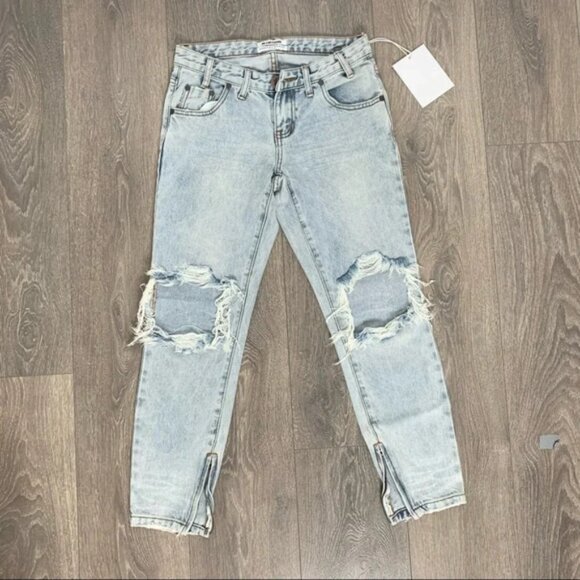 Revolve One Teaspoon Freebirds Skinny Jeans Straight Leg distressed light wash - Picture 5 of 16